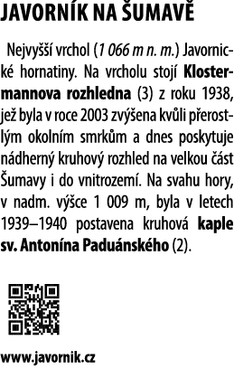 JAVORN K NA UMAV  Nejvy    vrchol (1 066 m n. m.) Javornick  hornatiny. Na vrcholu stoj  Klostermannova rozhledna (3...